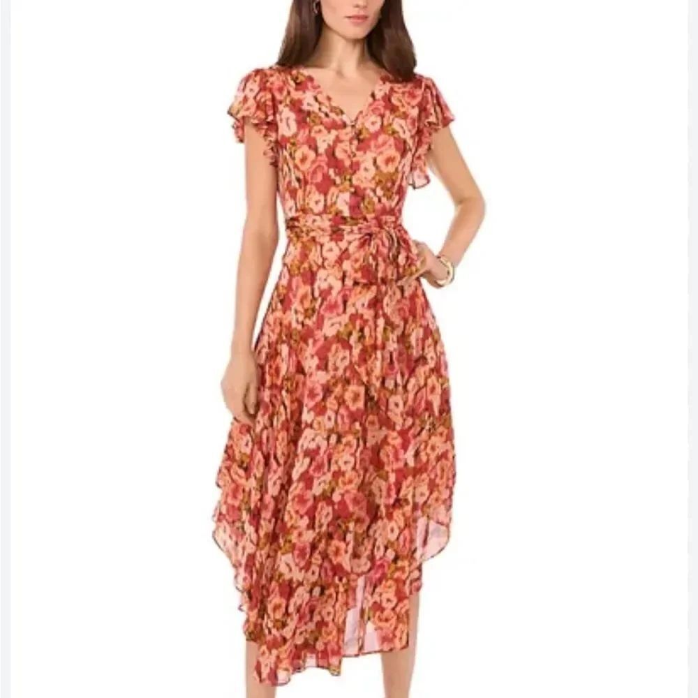 Vince CamutoWomen's Floral-Print Flutter-Sleeve Dress asymmetrical hem $150